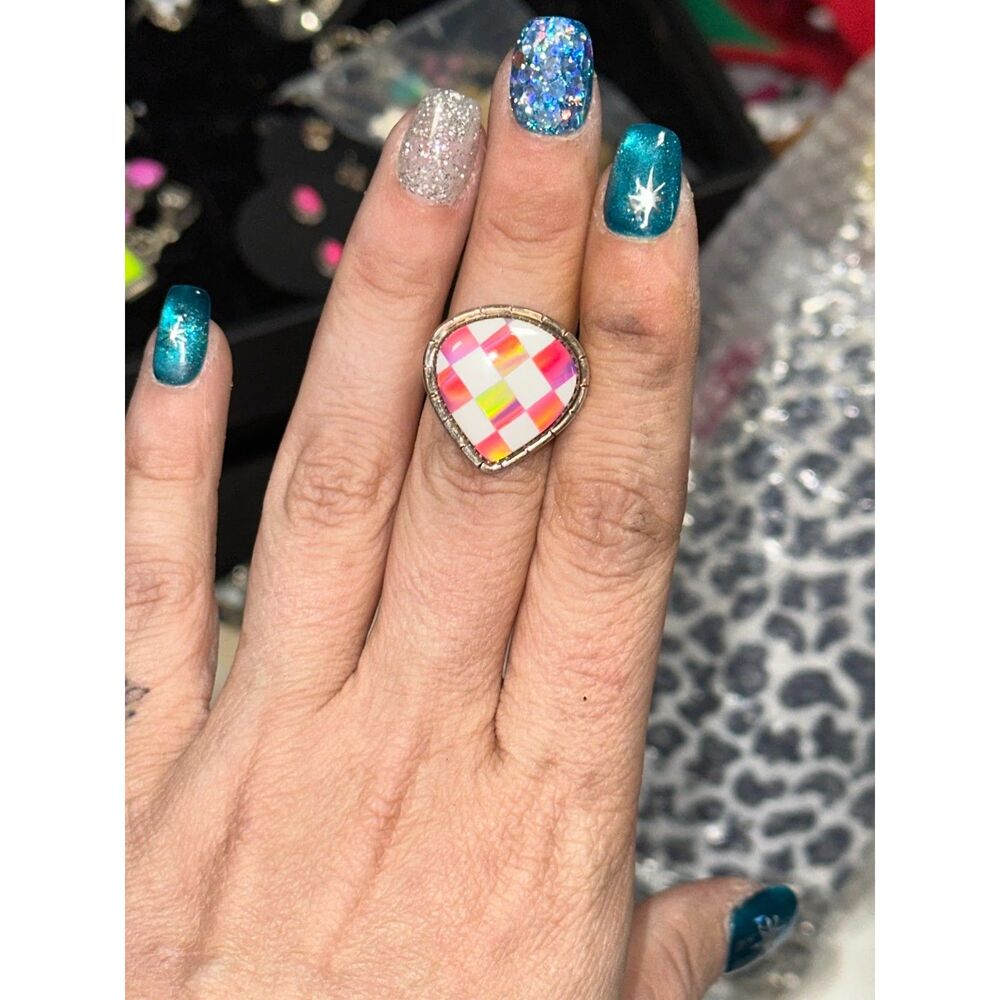 Pink Checkered .925 Sterling Silver Bypass Ring Size 7